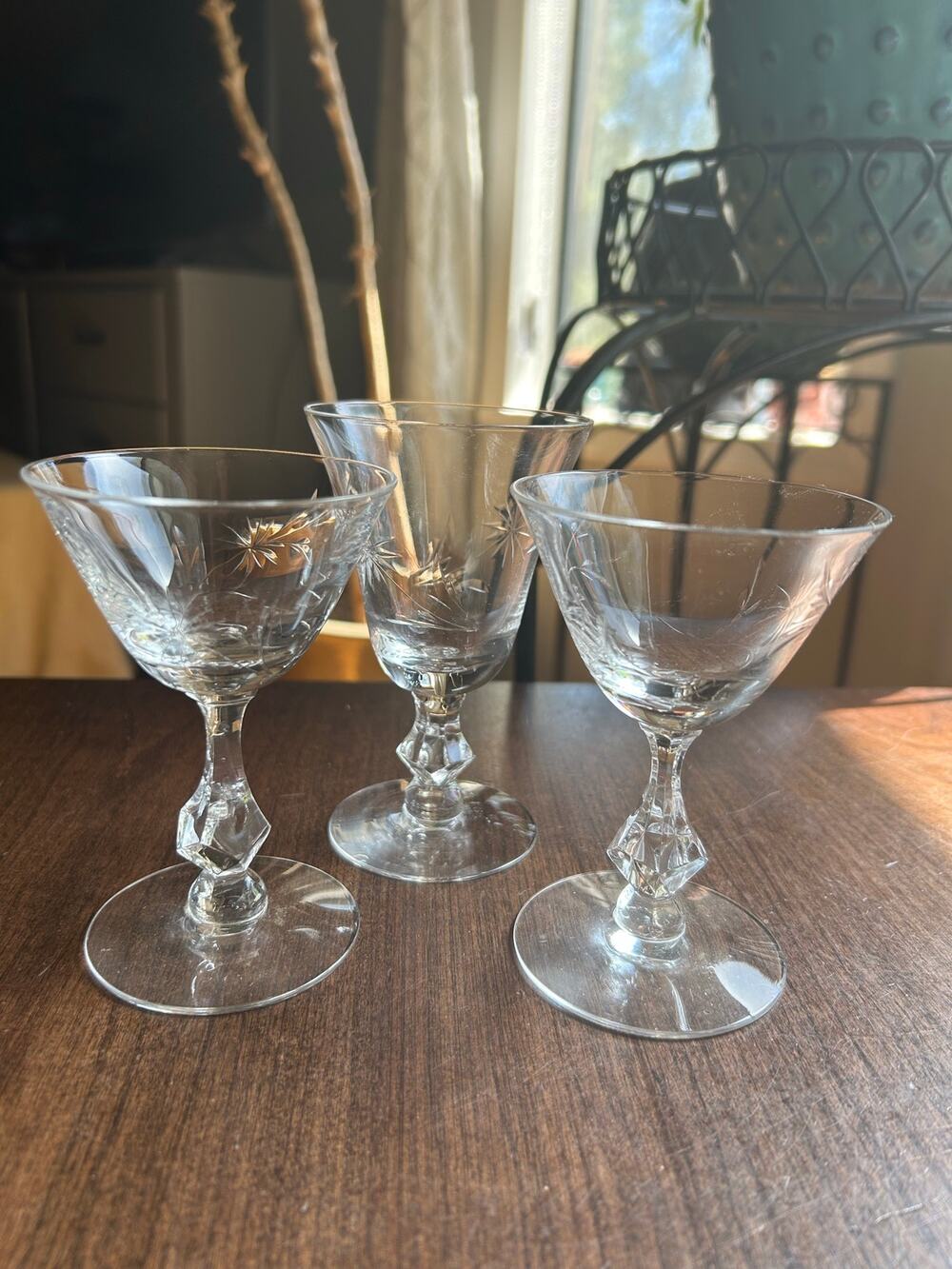 3 vintage crystal cocktail or apéritif stemware
